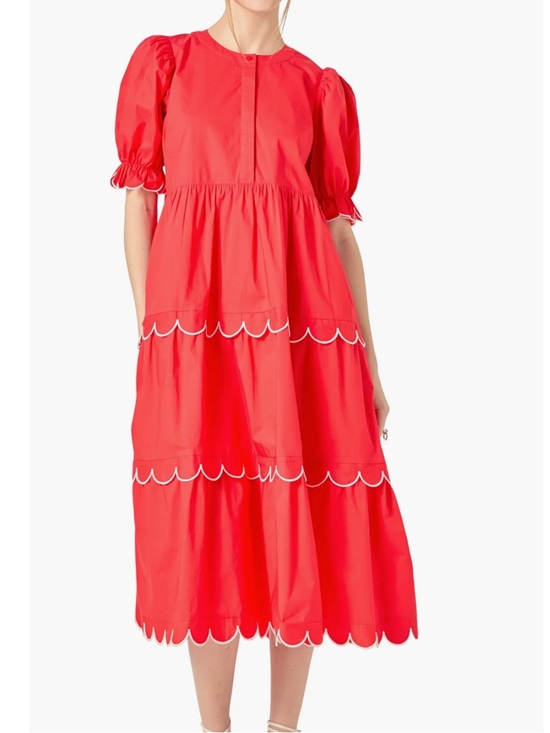 English Factory Dresses & Skirts - ENGLISH FACTORY Scalloped Edge red Midi Dress With Pockets Size XS NWT